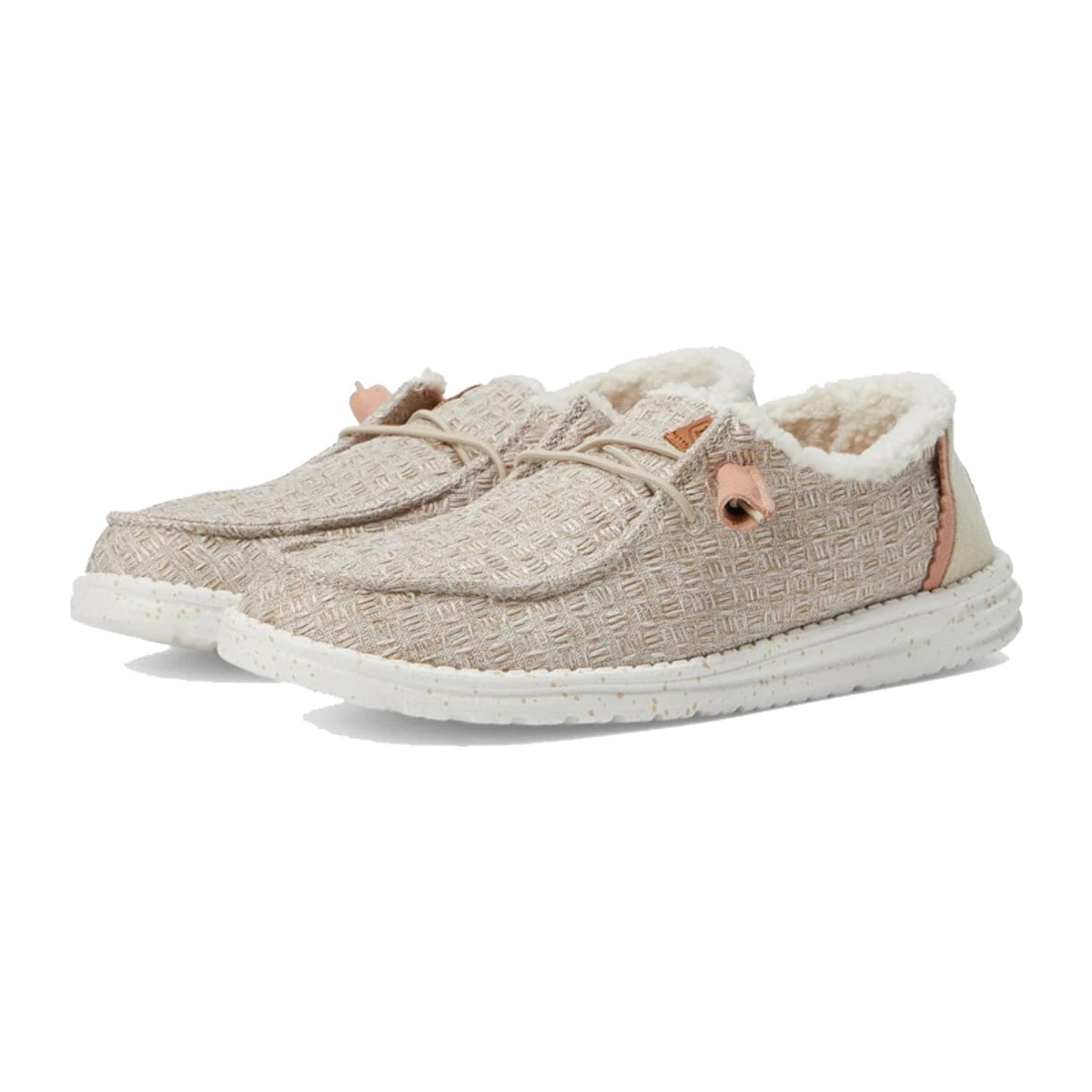 Women's slip-on moccasin shoes with woven texture upper and sherpa fur lining