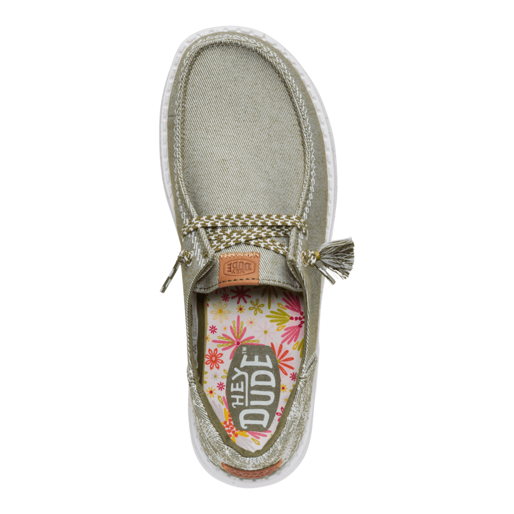 Hey Dude womens slip-on casual shoe with floral printed insole viewed from above