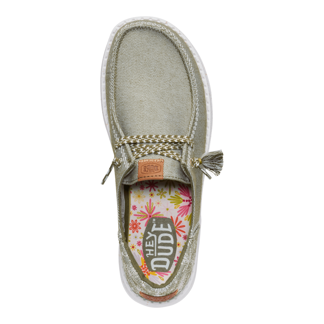 Hey Dude womens slip-on casual shoe with floral printed insole viewed from above