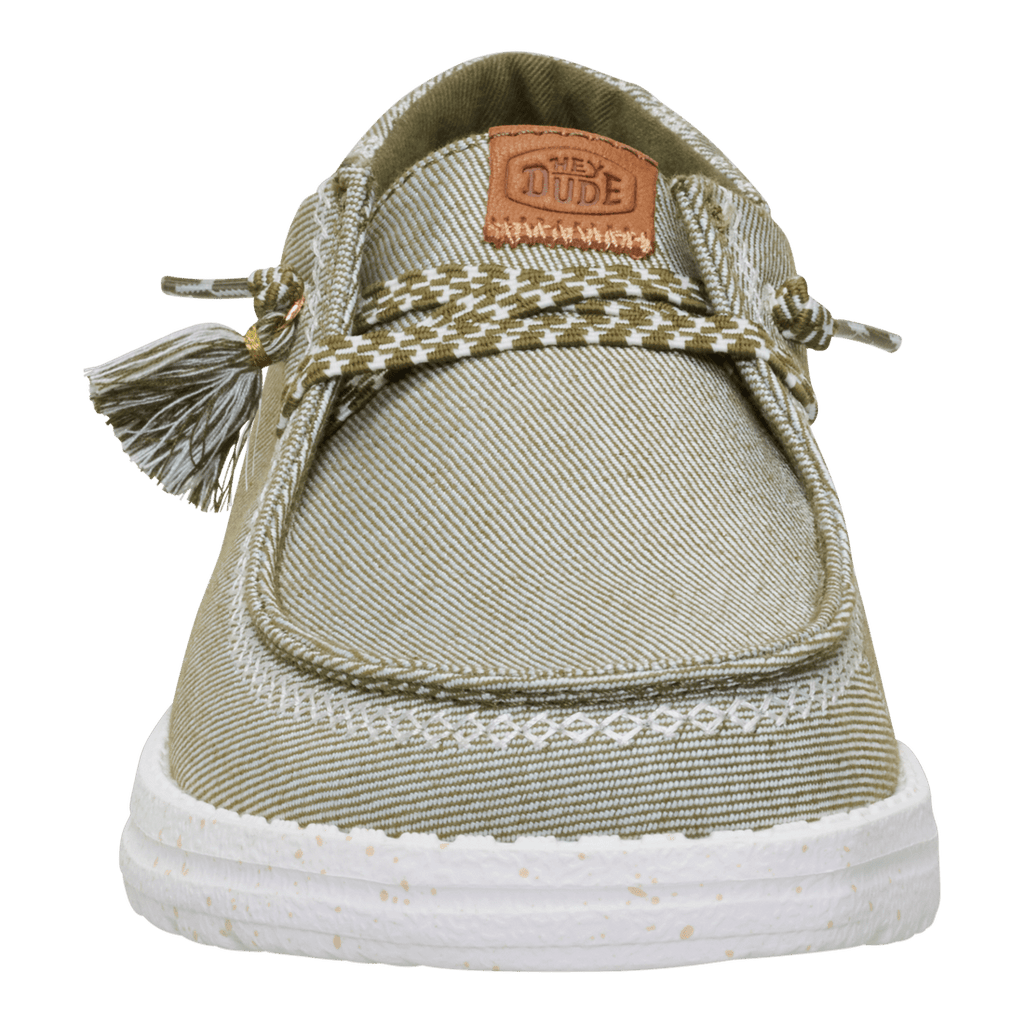 Hey Dude Wendy slip-on shoe with tassel lace detail and embroidered trim, front view