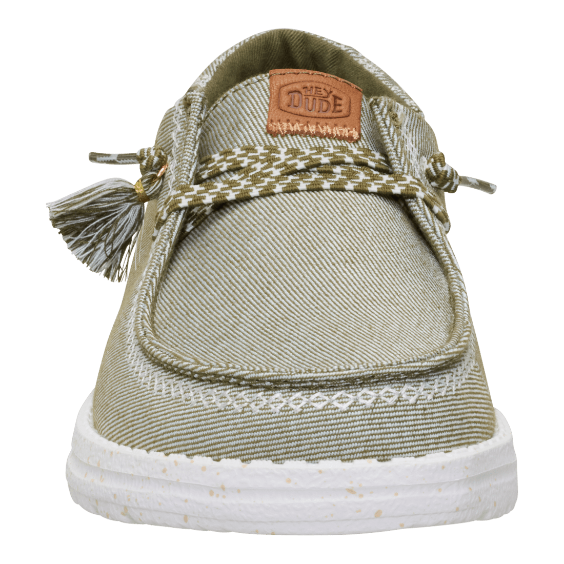 Hey Dude Wendy slip-on shoe with tassel lace detail and embroidered trim, front view