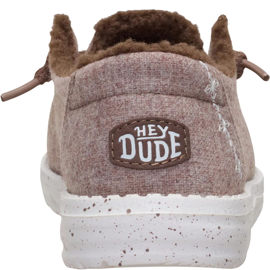 Hey Dude Wendy Wool Cozy slip-on shoe shown from the back with brand logo patch