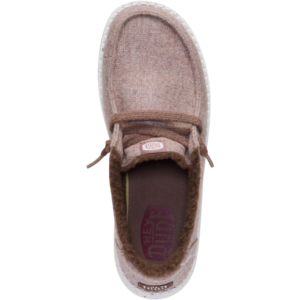 Hey Dude Wendy Wool Cozy slip-on shoe shown from top-down angle revealing sherpa lining
