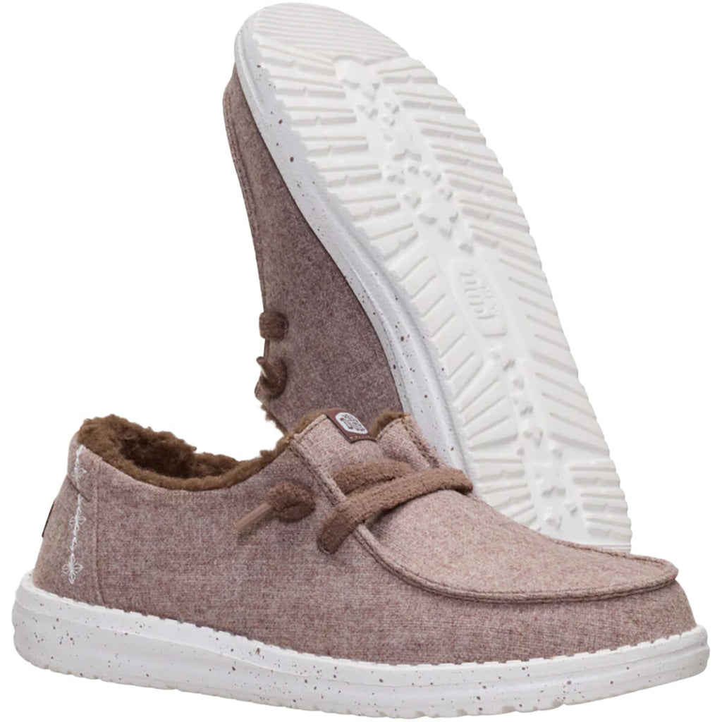 Hey Dude Wendy Wool Cozy slip-on shoes shown from side and sole angles