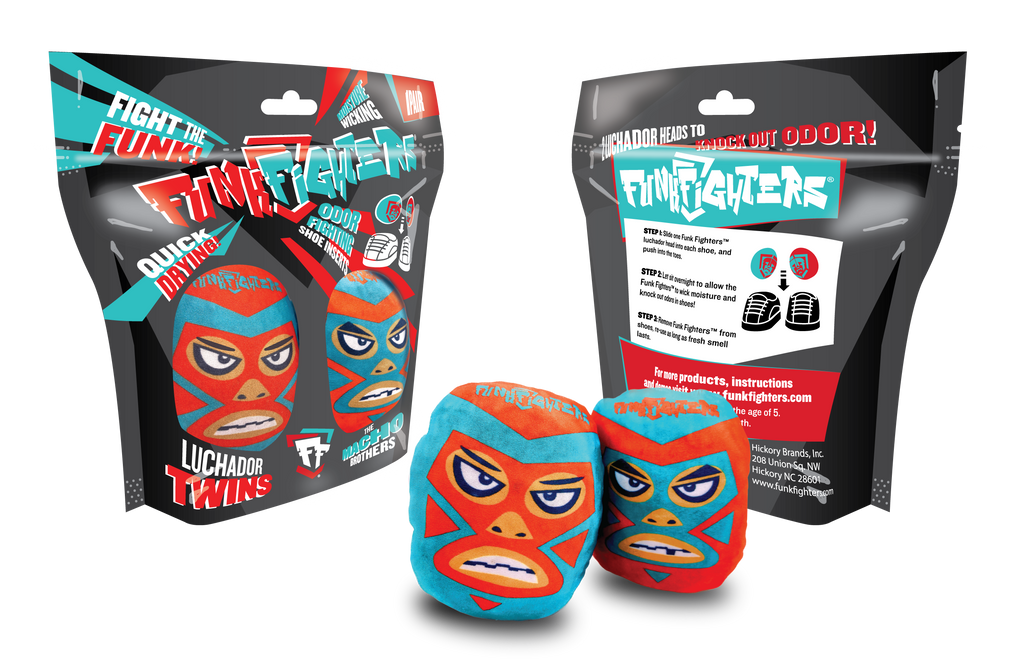 FunkFighters Luchador Twins shoe inserts shown with front and back packaging views