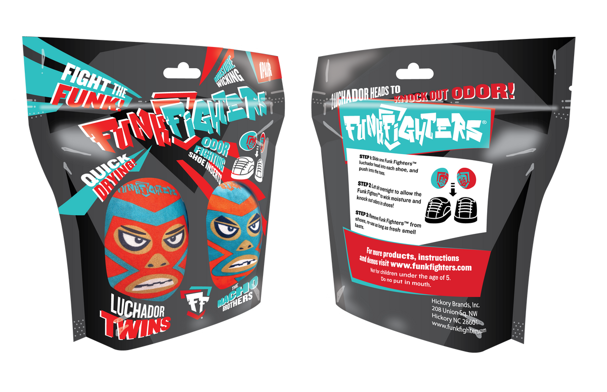 FunkFighters Luchador Twins shoe inserts packaging showing front and back views