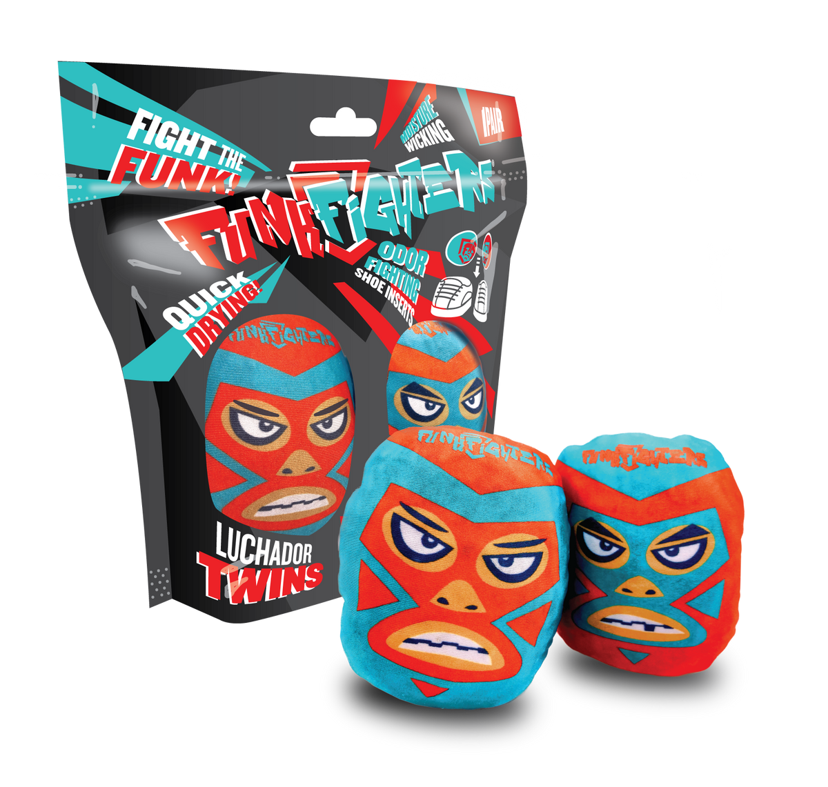 Pair of luchador mask-designed odor-fighting shoe inserts shown with retail packaging