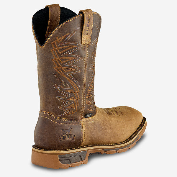 Irish Setter mens western work boot rear view showing decorative stitching and lugged sole