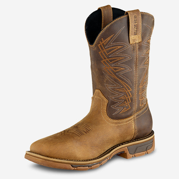 Irish Setter mens western work boot with decorative stitching and square toe, side view