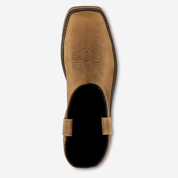 Top-down view of a square-toe leather western work boot with pull tabs and decorative stitching