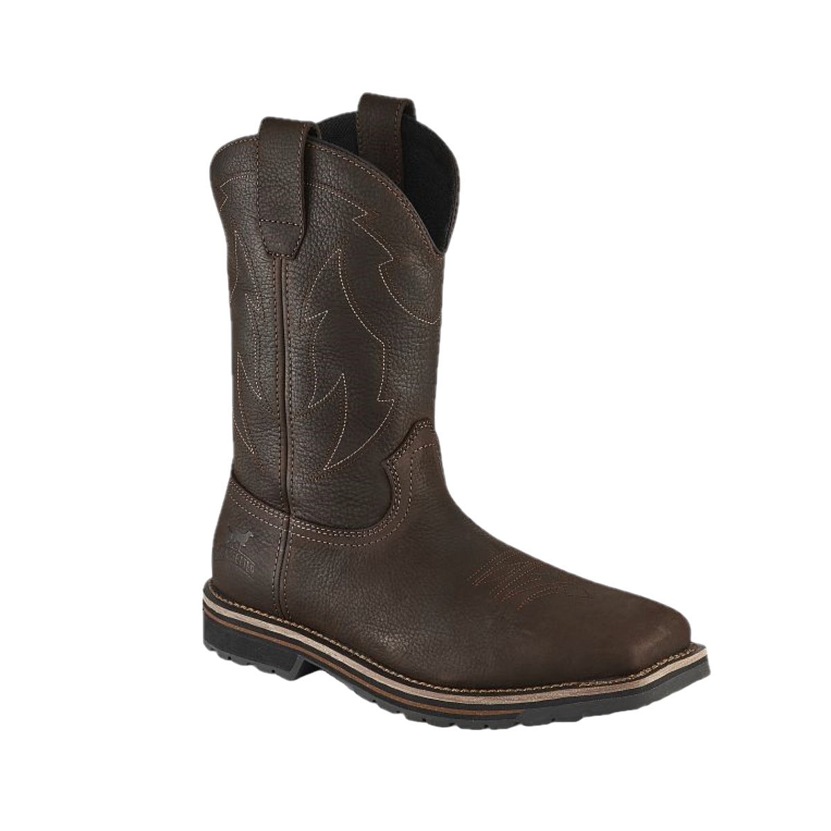 Irish Setter men's dark brown leather pull-on western work boot with decorative stitching