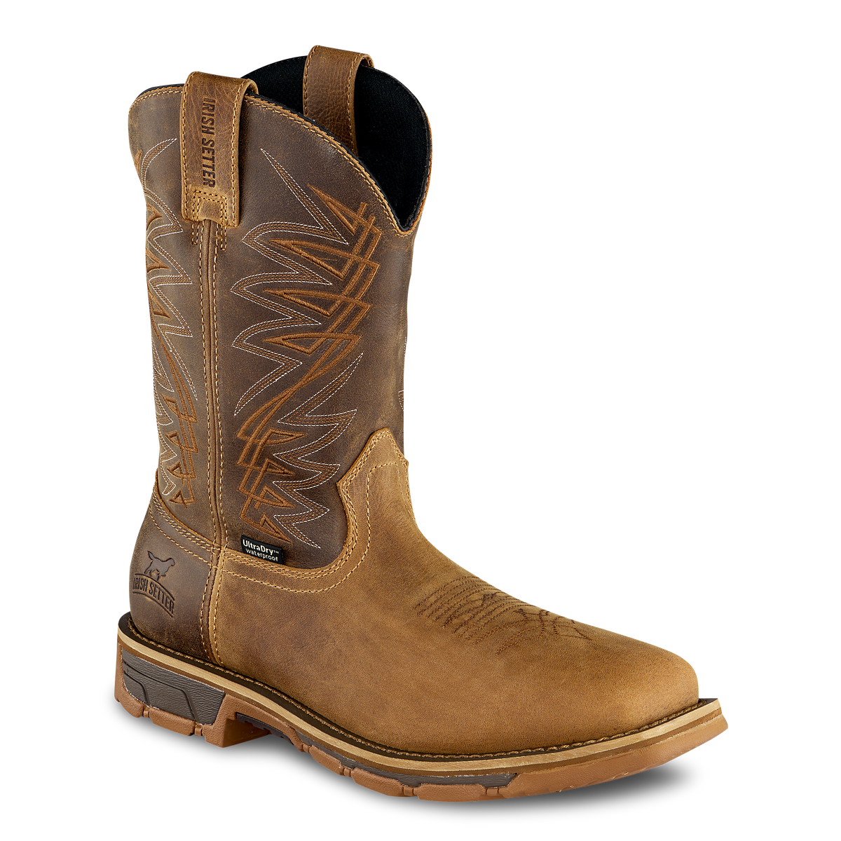 Irish Setter mens steel toe western work boot with decorative stitching on tall shaft