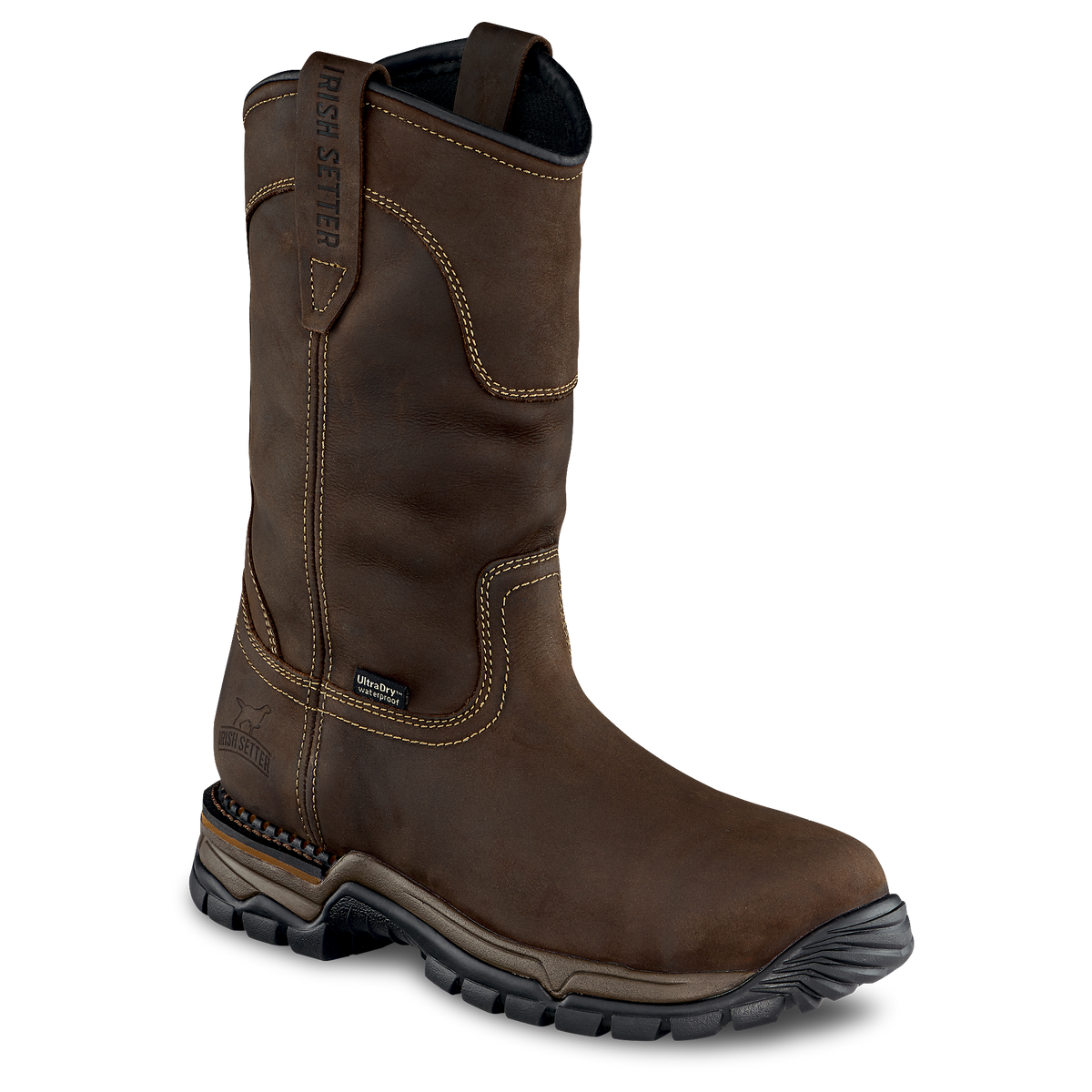 Irish Setter mens pull-on steel toe work boot with tall shaft and rugged lug sole