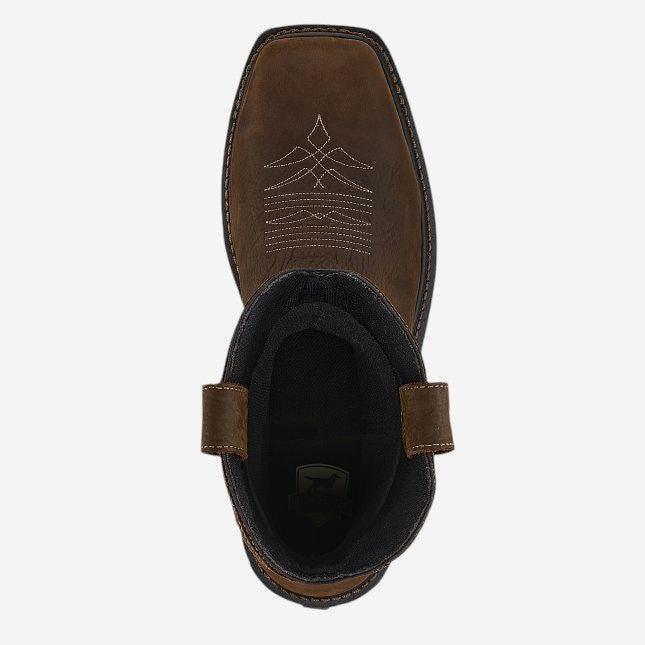 Top-down view of a brown leather pull-on western work boot with decorative stitching