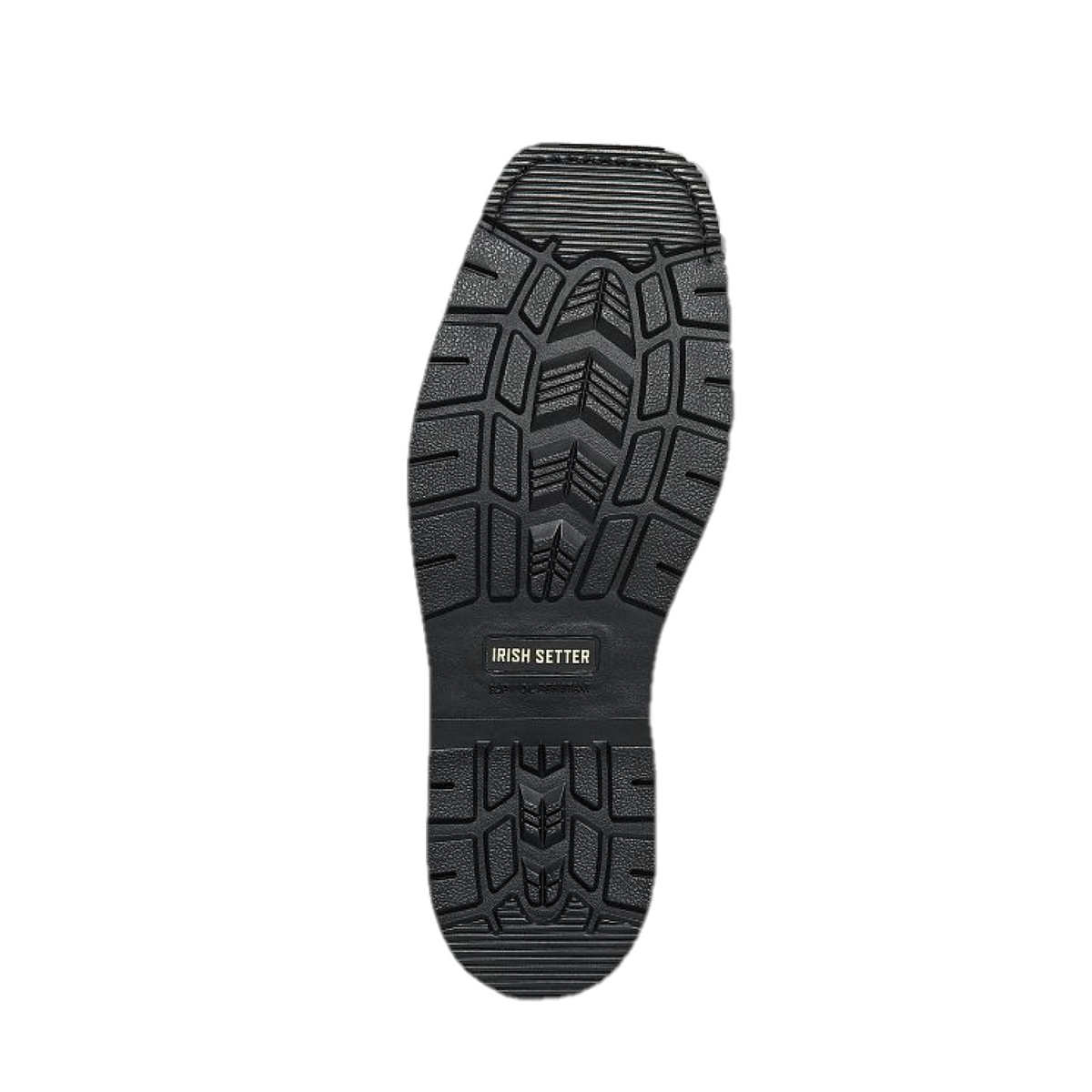 Bottom sole view of Irish Setter pull-on boot showing aggressive tread pattern and brand logo