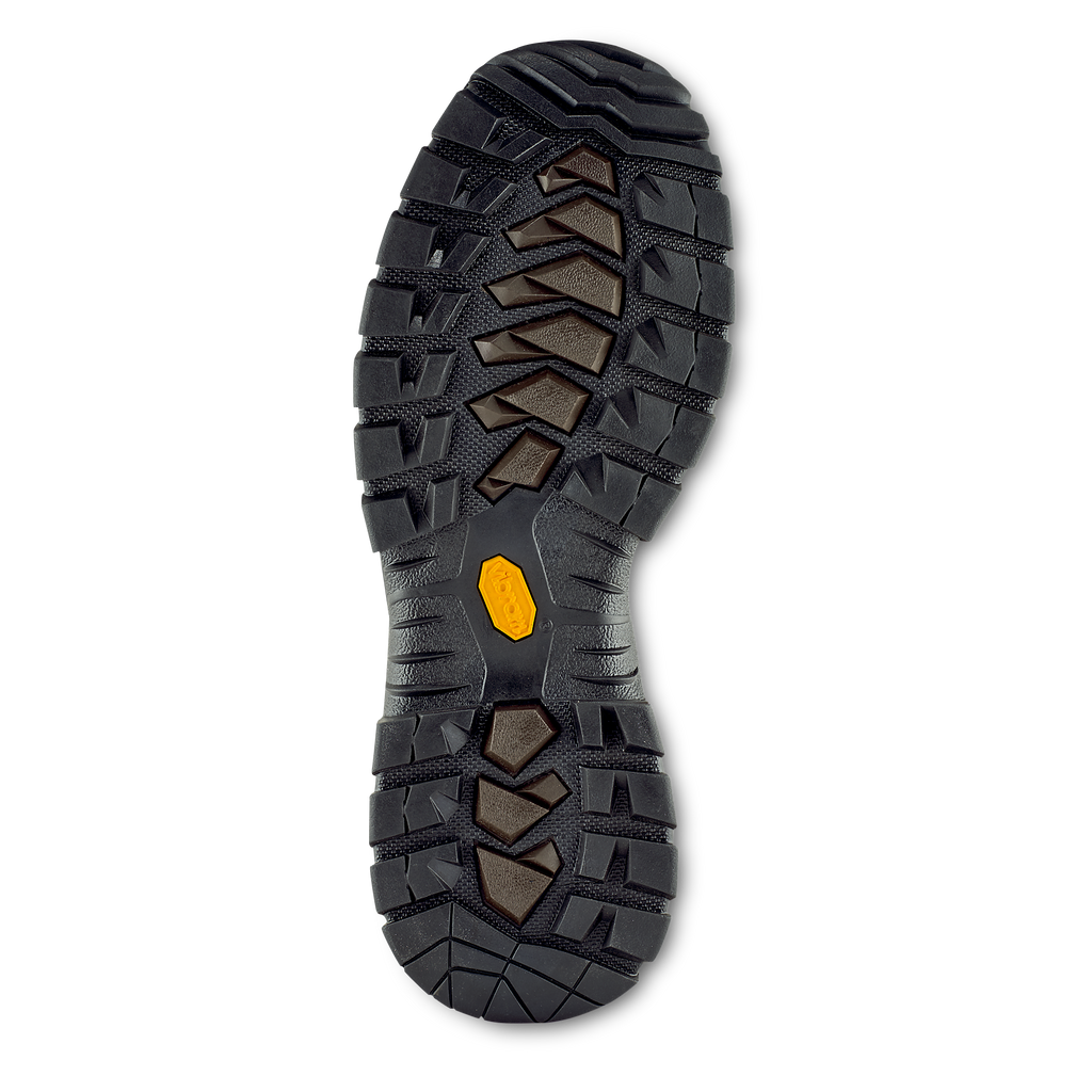 Bottom sole view of a rugged work boot with aggressive multi-directional traction lugs