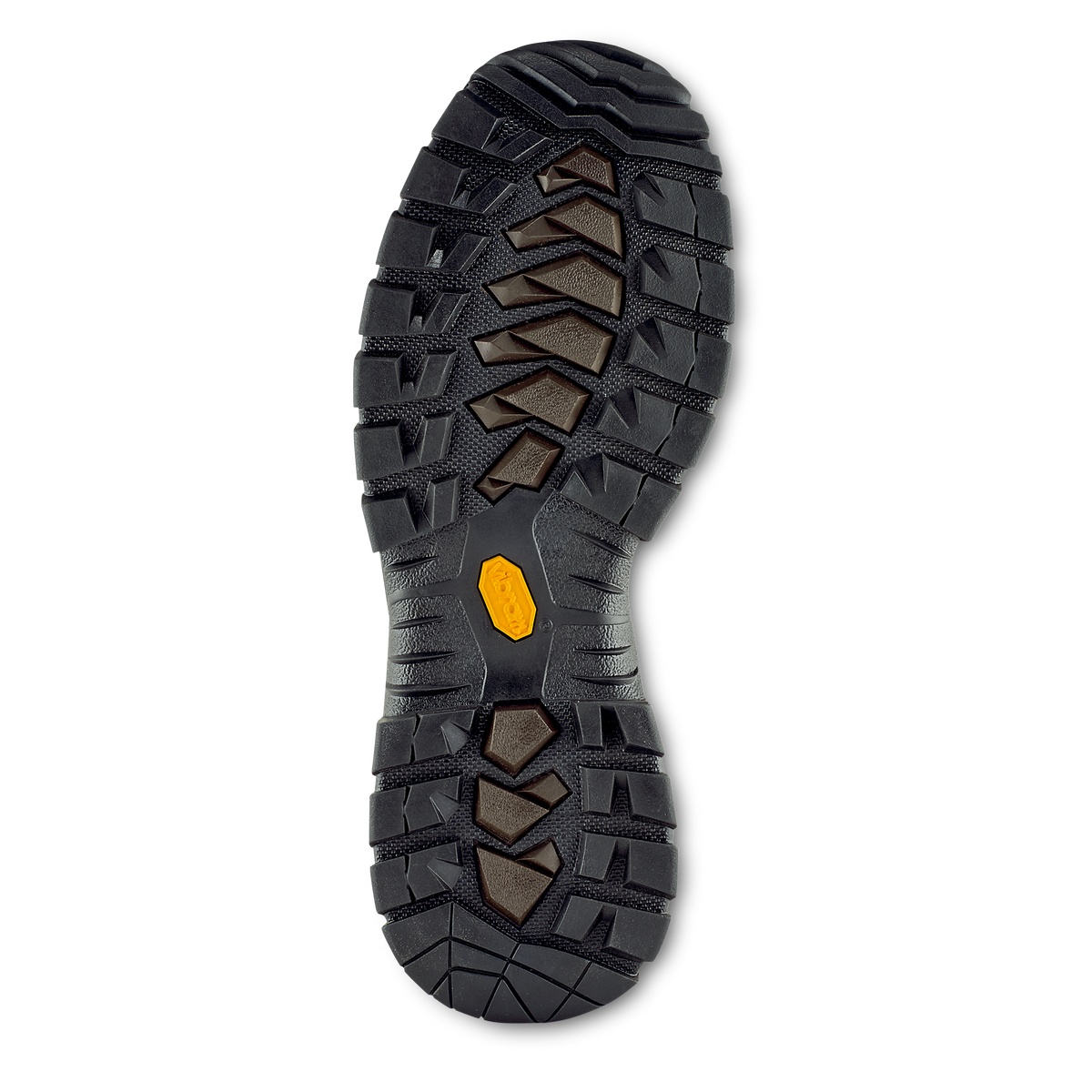 Bottom sole view of a rugged work boot with aggressive multi-directional traction lugs