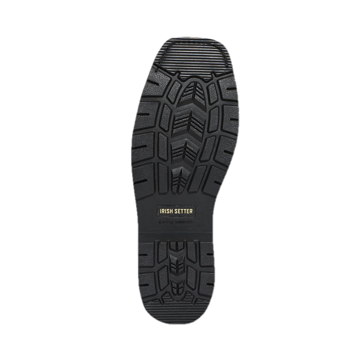 Bottom sole view of Irish Setter pull-on boot showing aggressive tread pattern and brand logo
