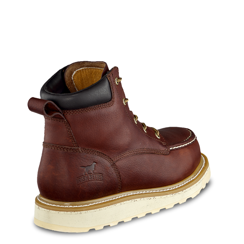 Irish Setter Ashby 6-inch work boot rear three-quarter view showing moc toe construction and wedge sole