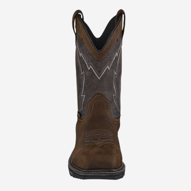 Front view of a men's western work boot with decorative stitching and safety toe