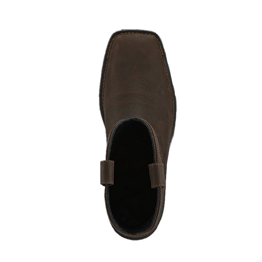 Top-down view of a brown leather pull-on work boot with square toe and pull tab
