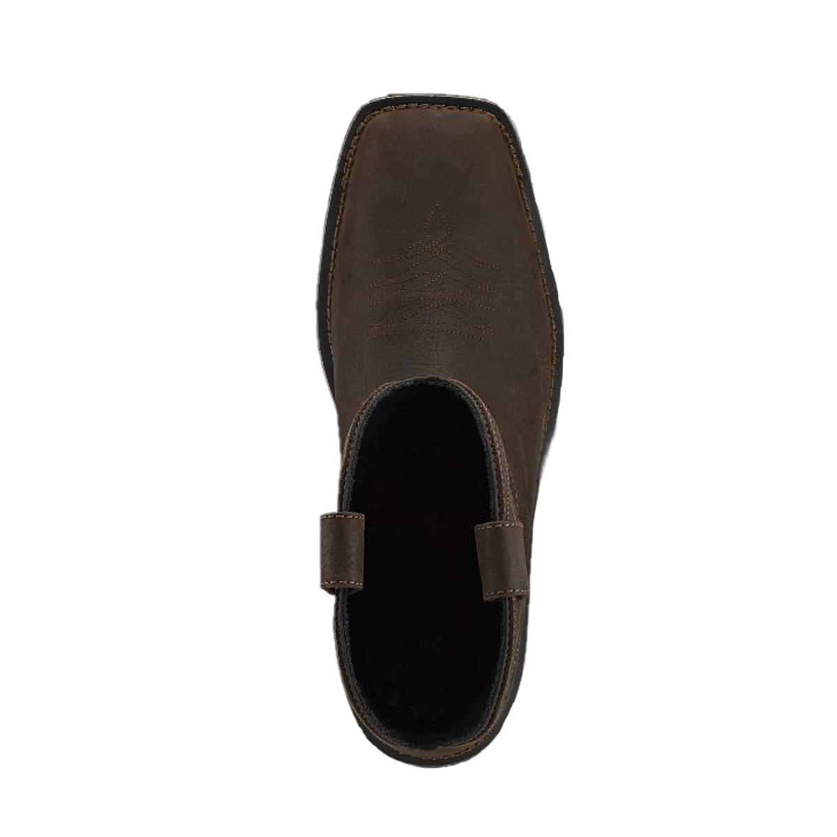 Top-down view of a brown leather pull-on work boot with square toe and pull tab