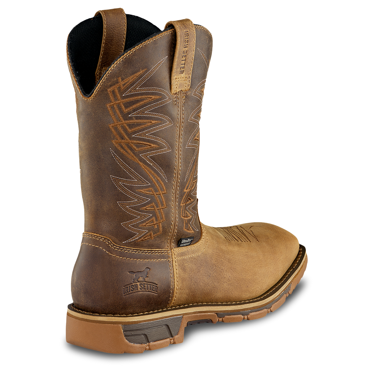 Irish Setter mens steel toe western work boot rear view showing decorative stitching and pull tab