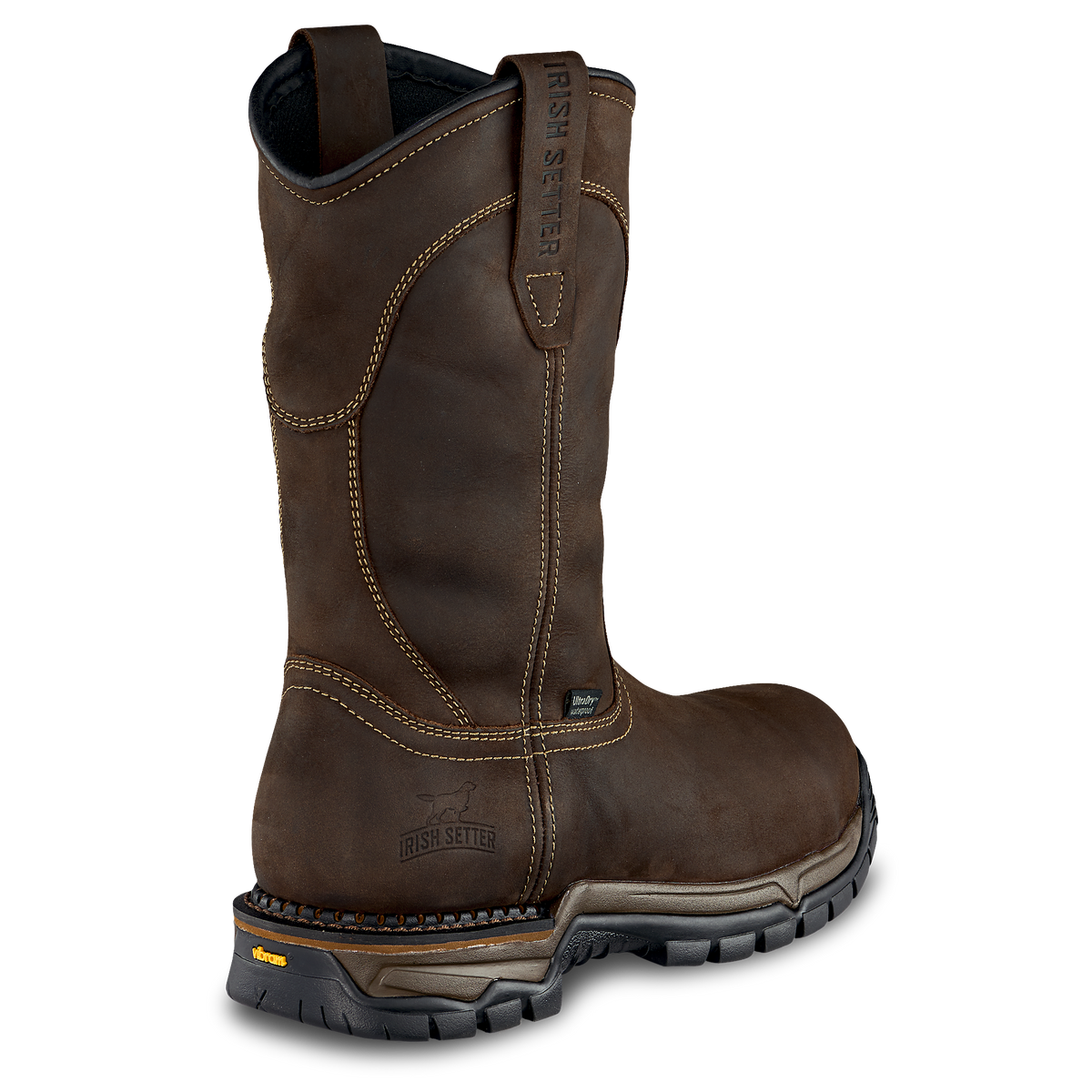 Irish Setter mens pull-on work boot rear view showing tall leather shaft and lugged sole