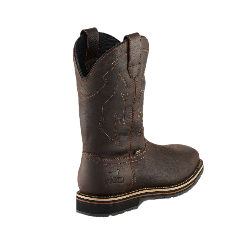 Irish Setter mens waterproof steel toe pull-on western work boot, rear three-quarter view