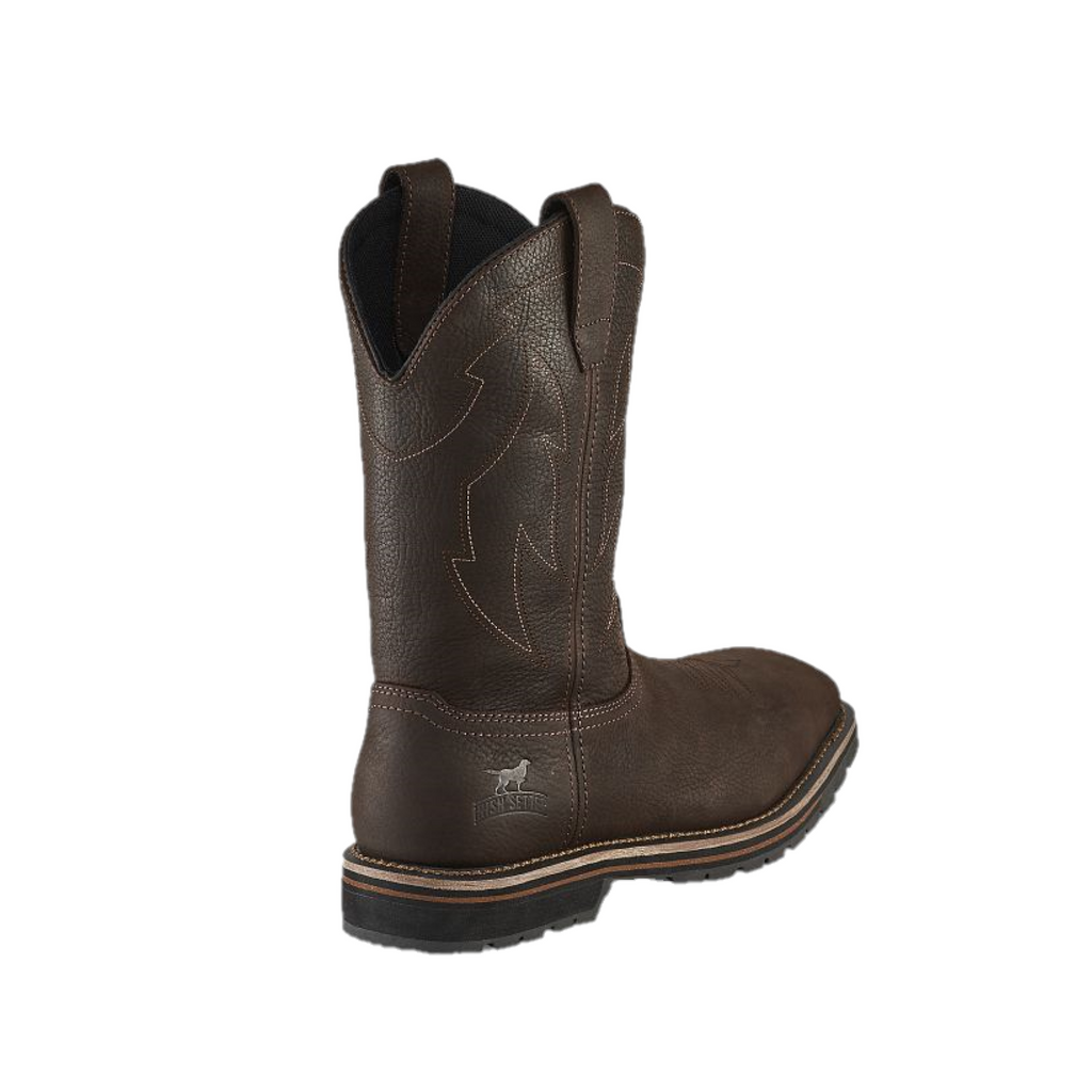 Irish Setter men's pull-on western work boot rear view showing embroidered shaft and pull tabs