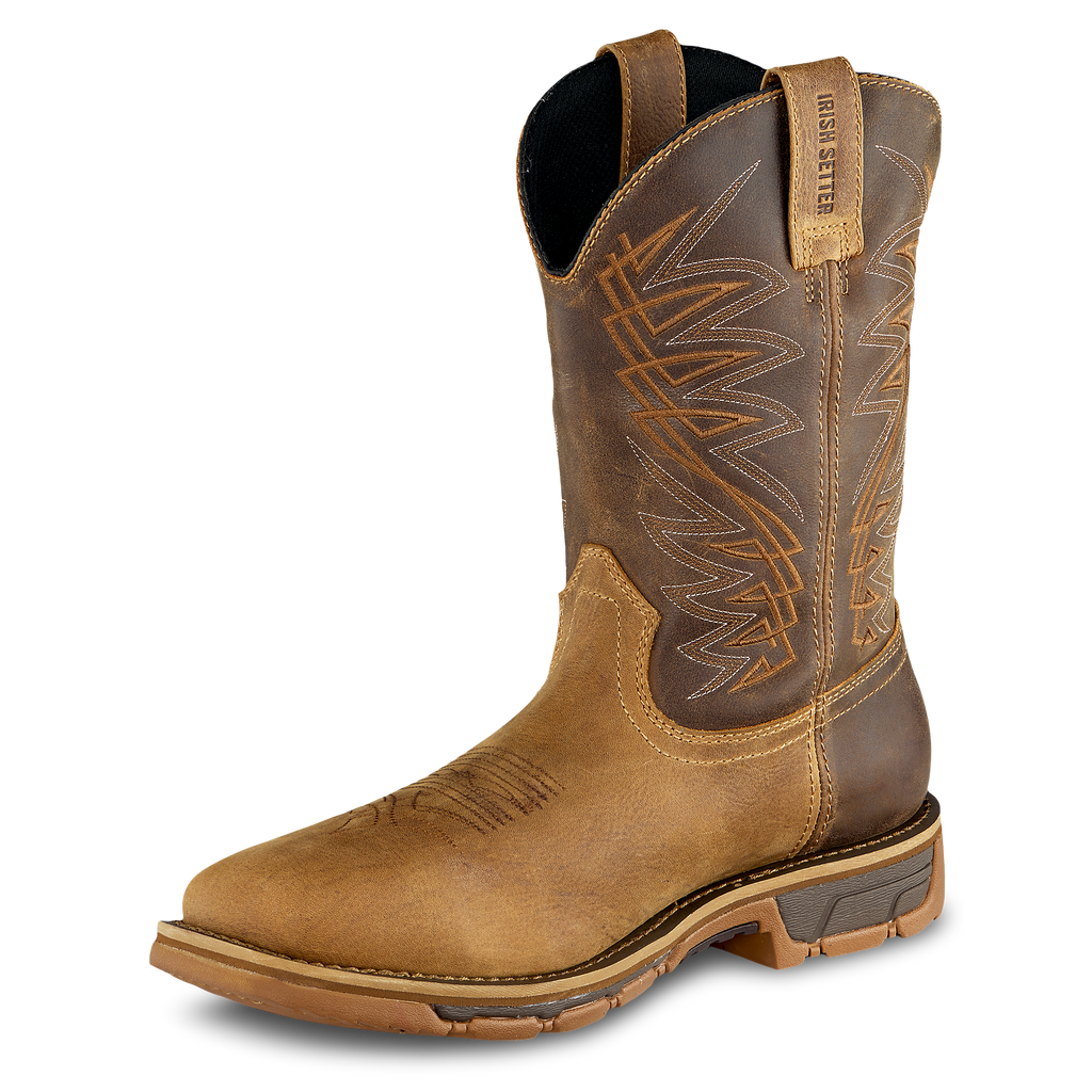 Irish Setter mens western work boot with steel toe and decorative stitching on shaft