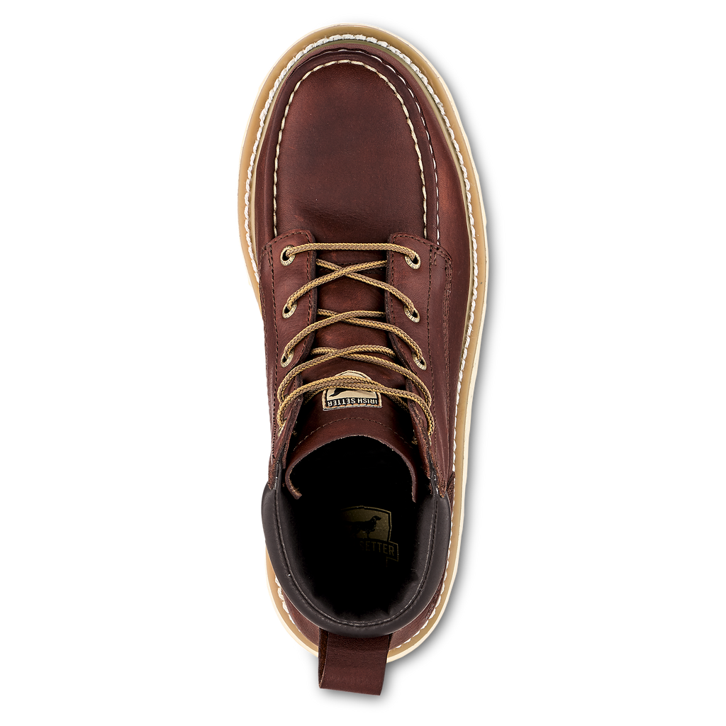 Top-down view of Irish Setter men's lace-up leather work boot with moc toe stitching