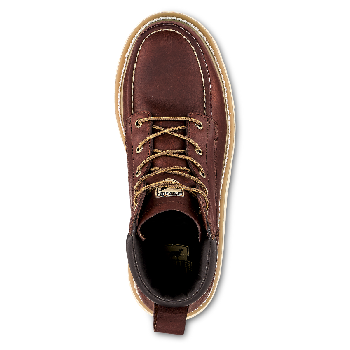 Top-down view of Irish Setter men's lace-up leather work boot with moc toe stitching