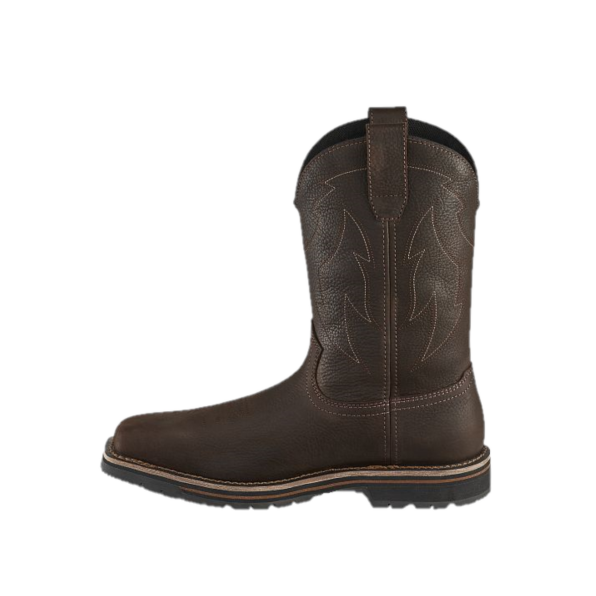 Irish Setter men's pull-on western work boot with decorative stitching and lugged sole, side view