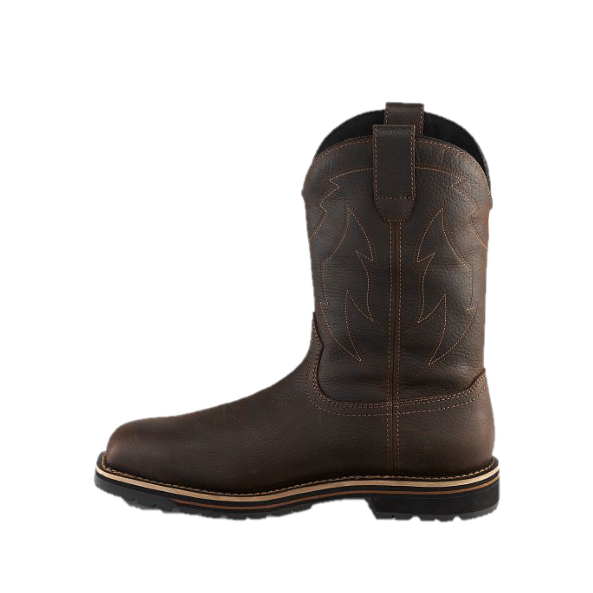 Irish Setter mens brown leather pull-on western work boot with decorative stitching and rubber lug sole
