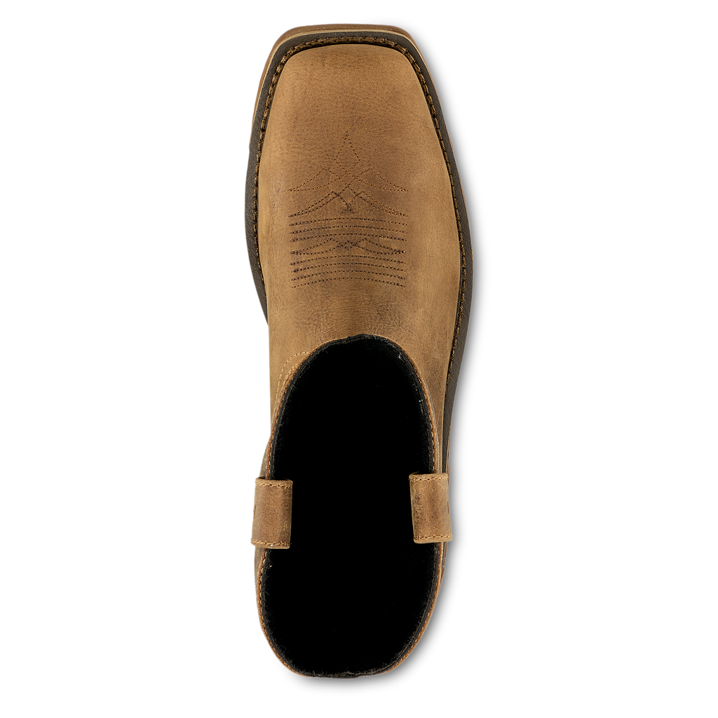 Top-down view of a square-toe western work boot with pull straps and decorative stitching