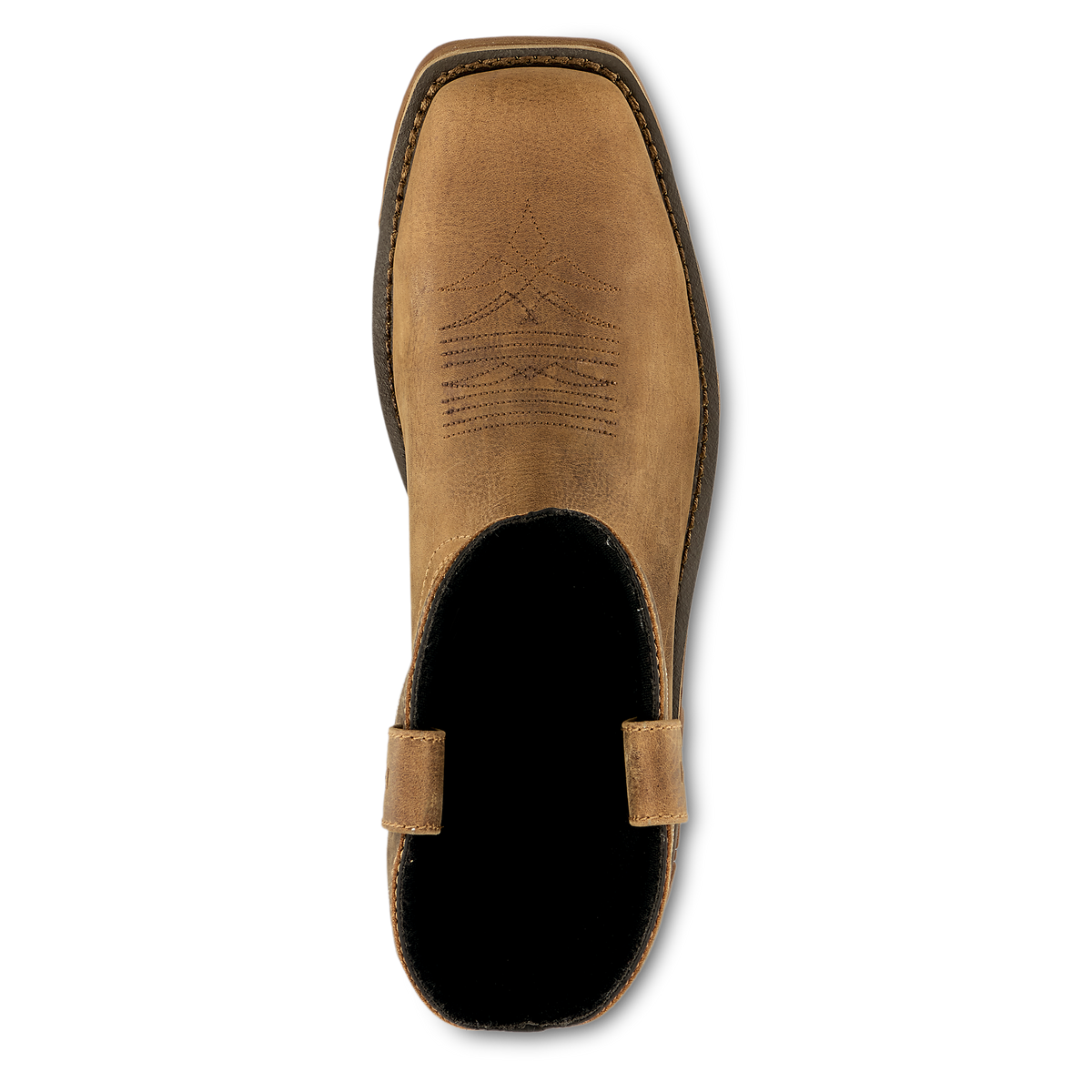 Top-down view of a square-toe western work boot with pull straps and decorative stitching