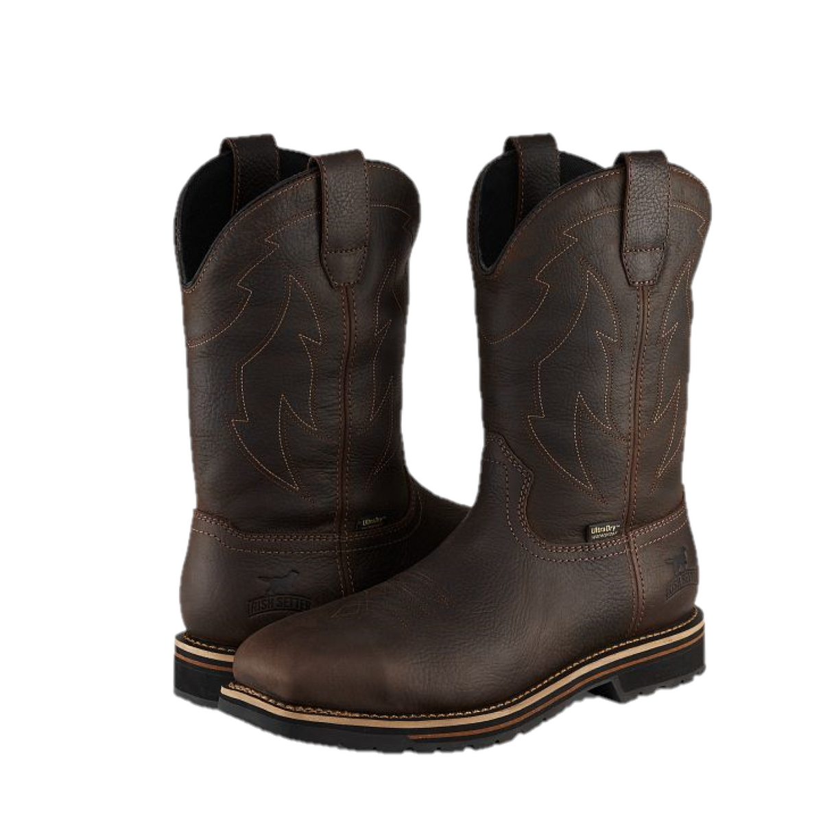 Irish Setter mens pull-on waterproof steel toe western work boots, pair displayed