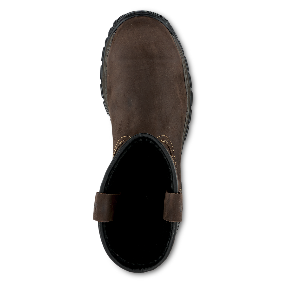 Top-down view of a brown leather pull-on work boot with elastic side gusset