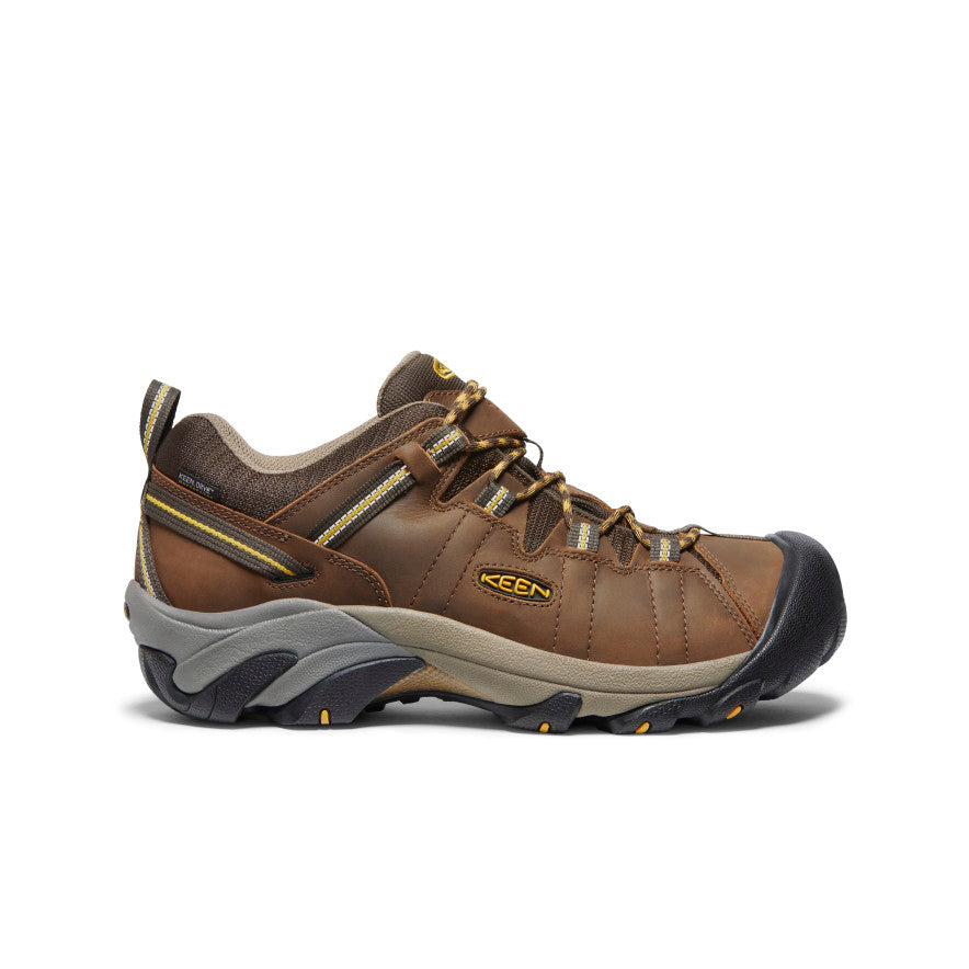 KEEN Targhee II Low waterproof hiking shoe in brown leather with yellow accents, side view