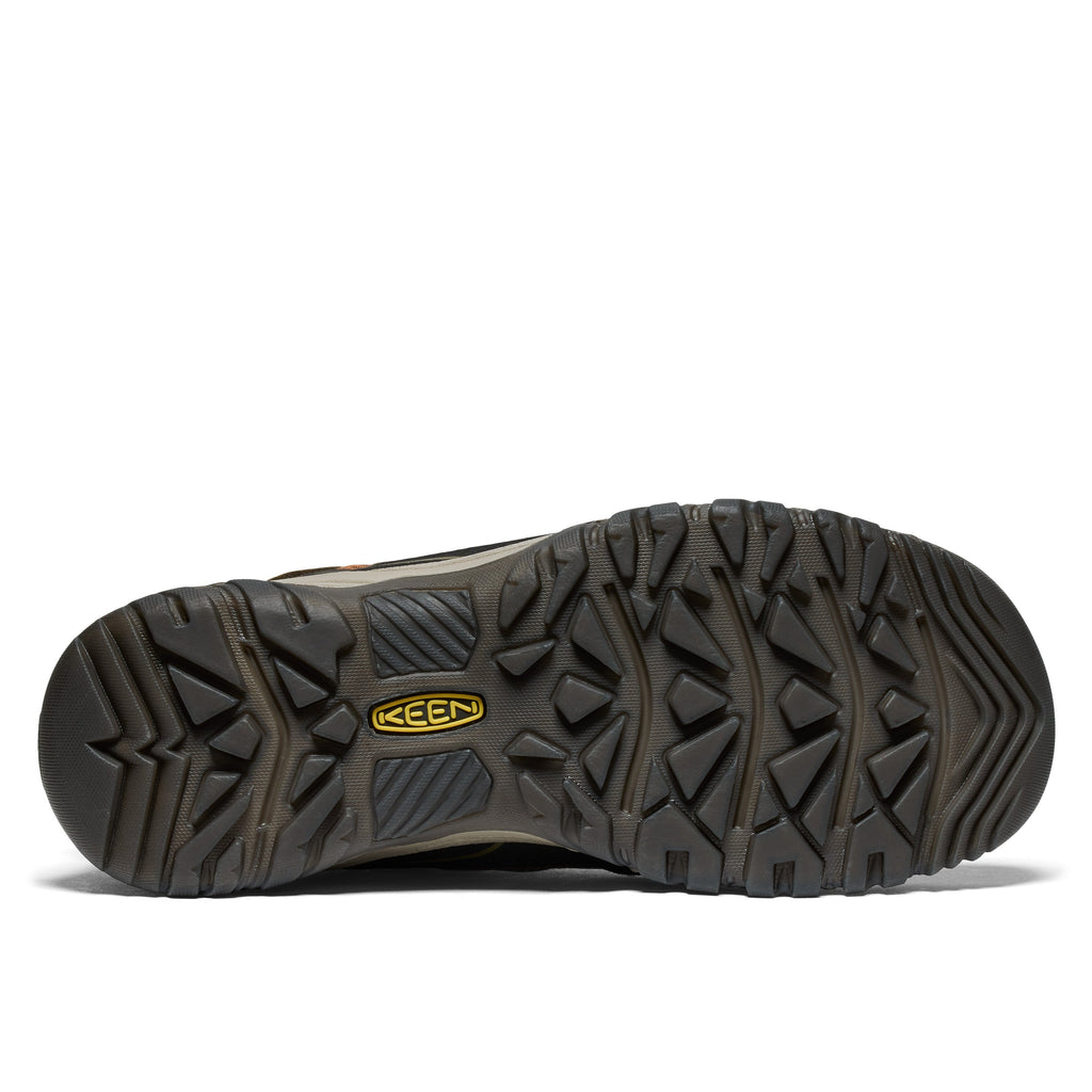 Bottom sole view of Keen hiking shoe showing aggressive rubber tread pattern and logo