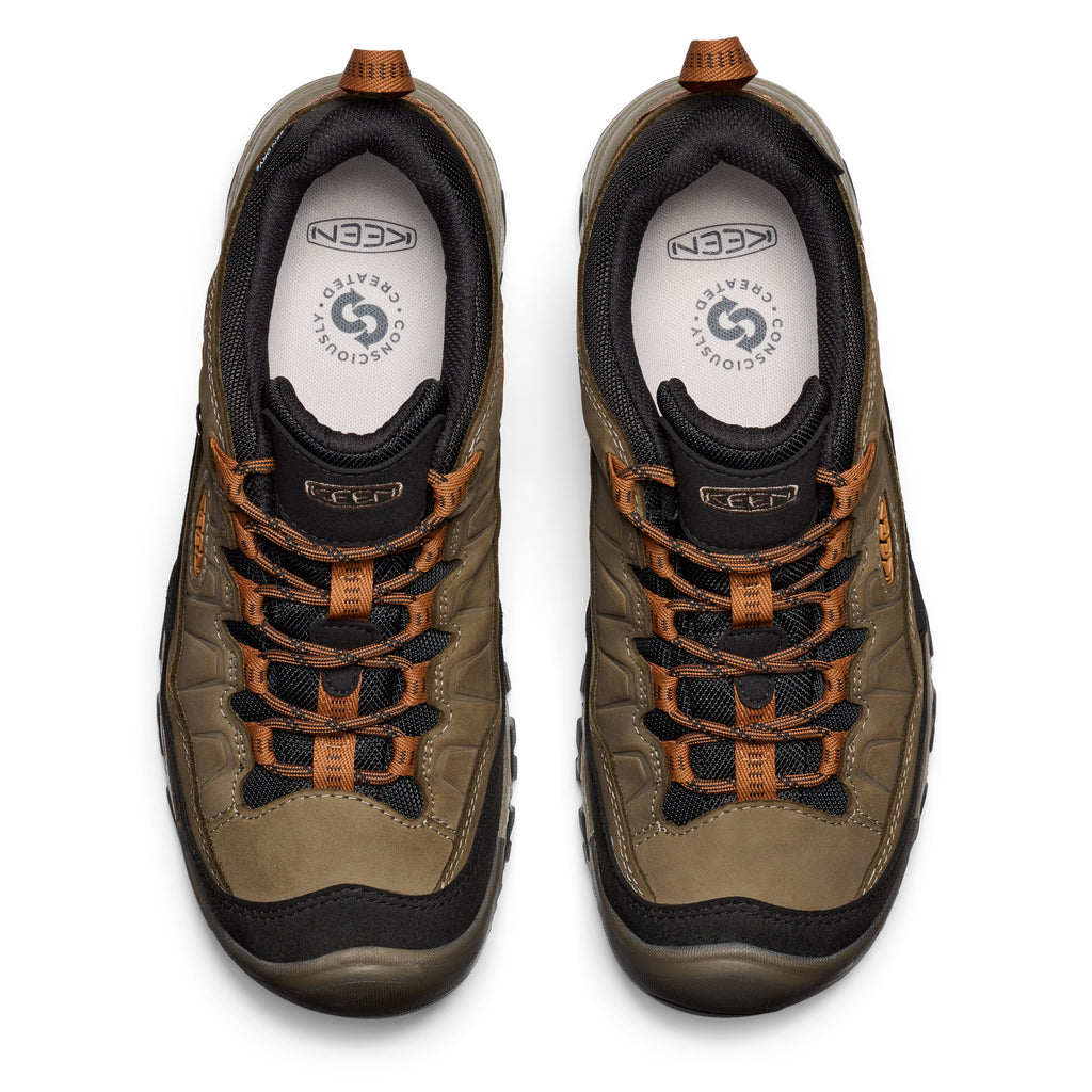Top-down view of a pair of KEEN Targhee IV Low waterproof hiking shoes with orange laces
