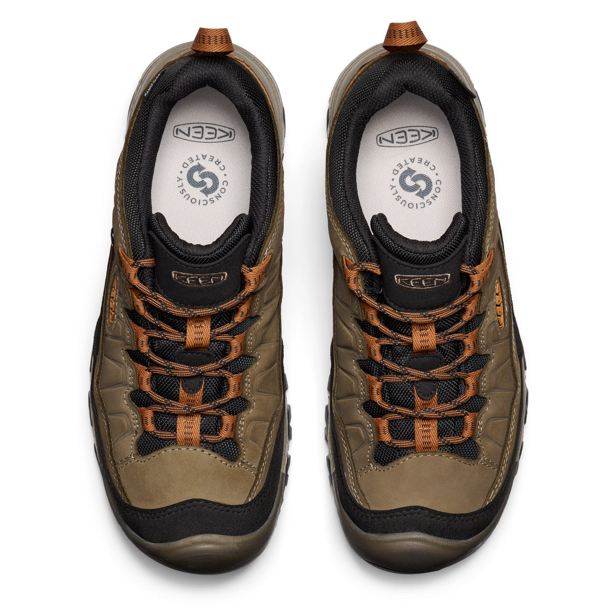Top-down view of a pair of KEEN Targhee IV Low waterproof hiking shoes with orange laces