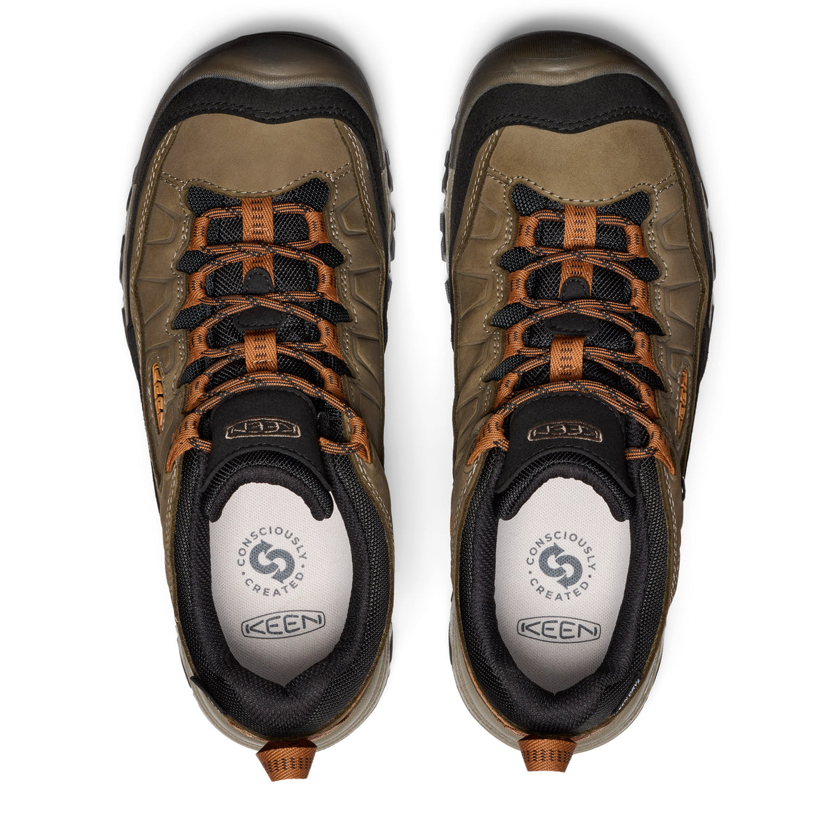 Top-down view of a pair of Keen waterproof low hiking shoes with orange laces