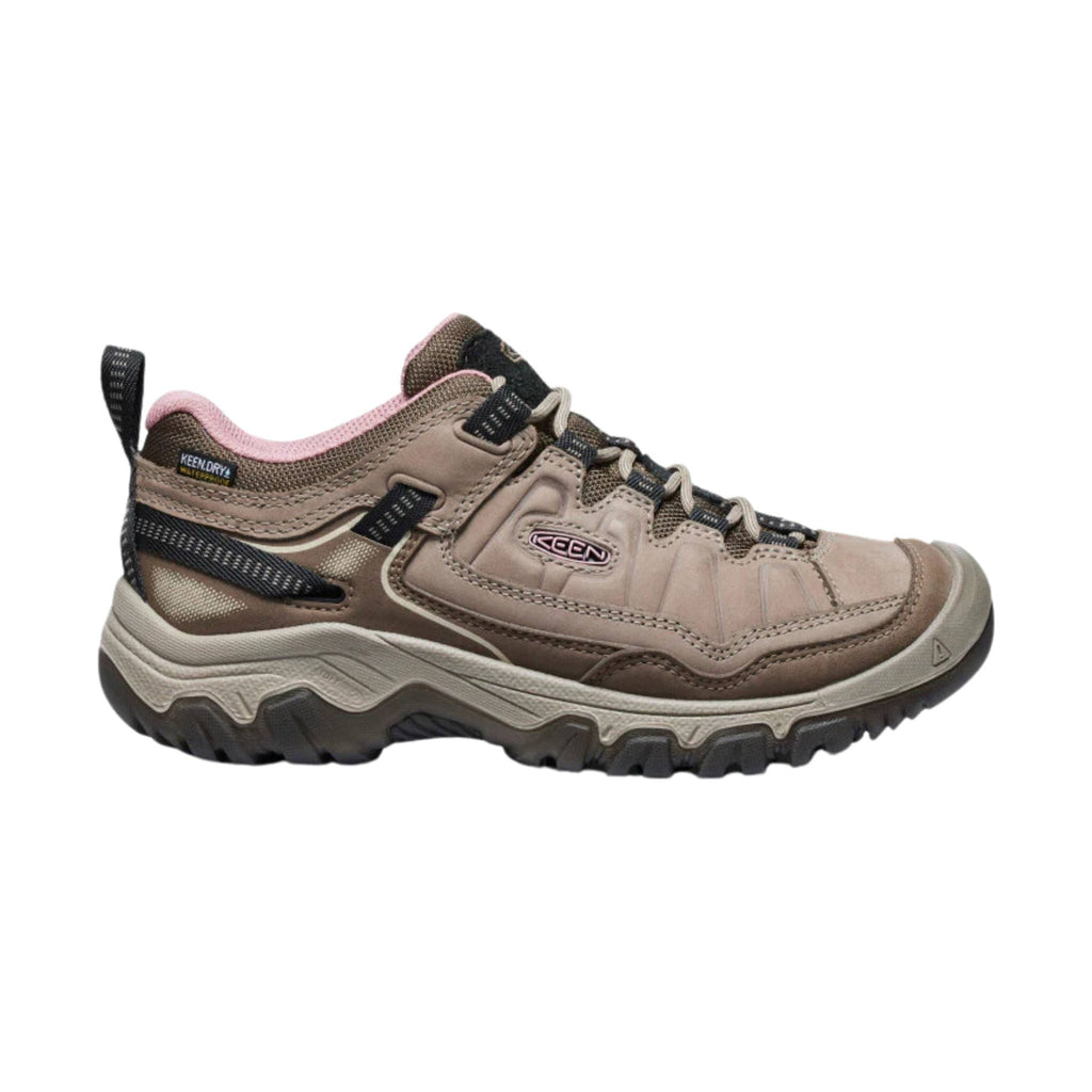 Keen Targhee IV Low waterproof hiking shoe with taupe leather upper and pink accents, lateral view