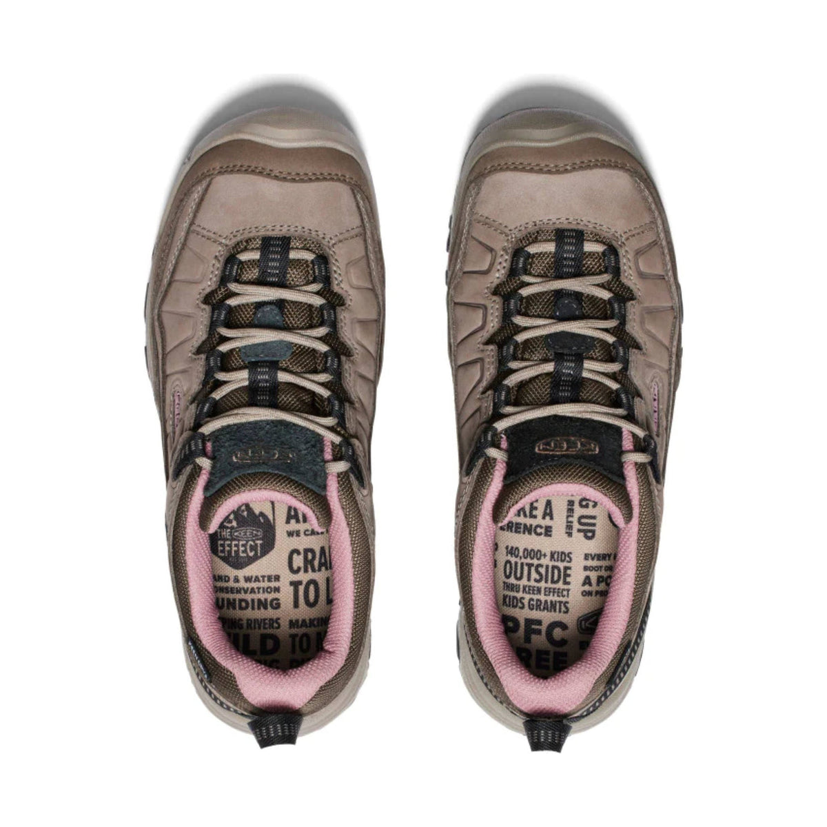 Top-down view of a pair of women's waterproof low hiking shoes with pink lining