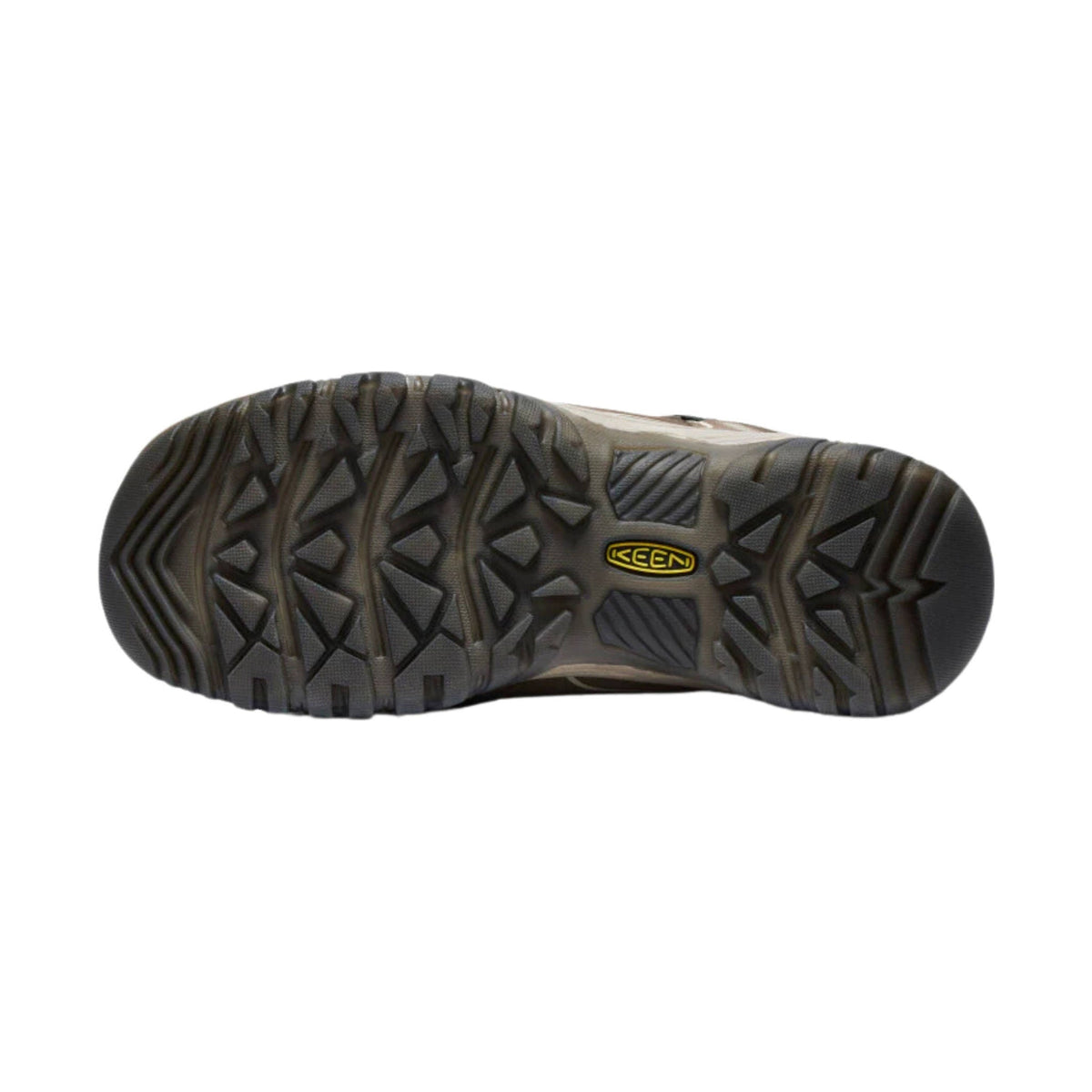 Bottom sole view of Keen Targhee IV Low WP hiking shoe showing aggressive tread pattern