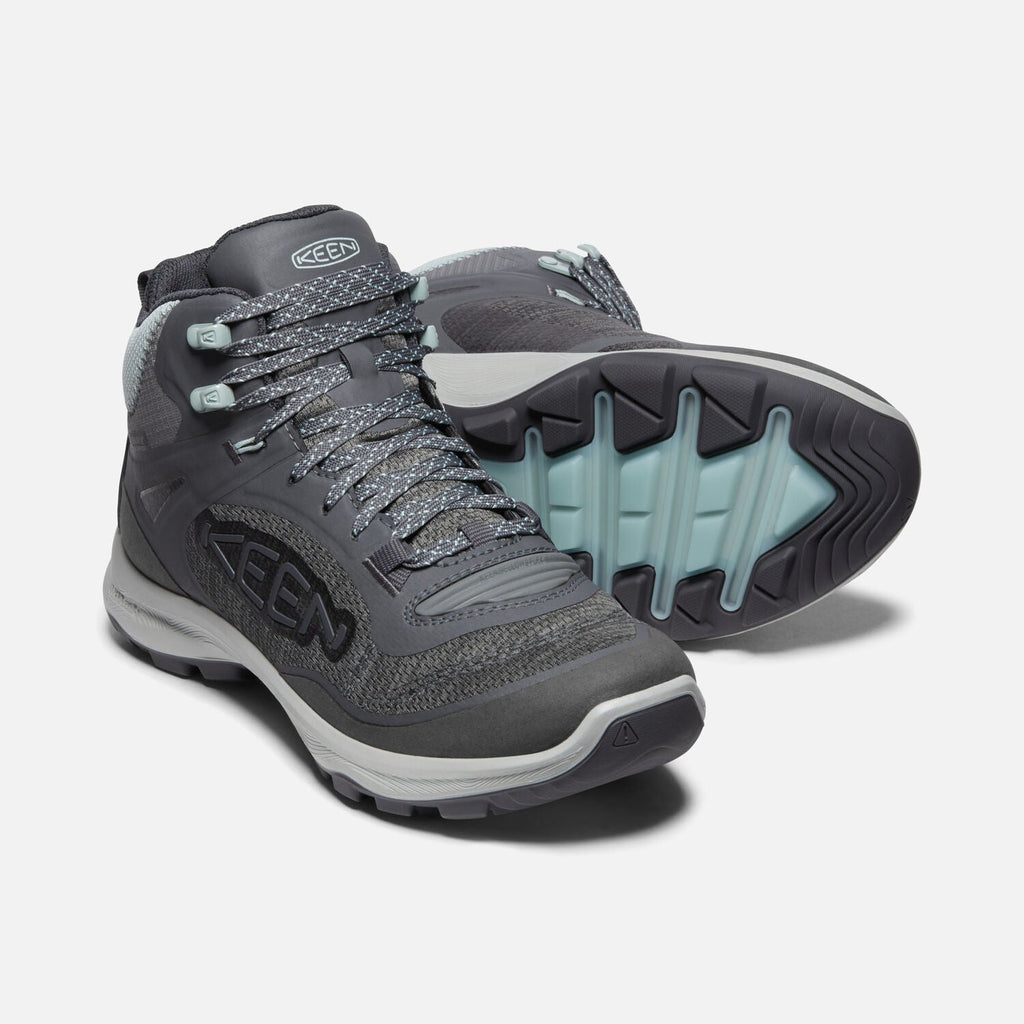 Keen womens mid-cut waterproof hiking boot shown from side and sole angles