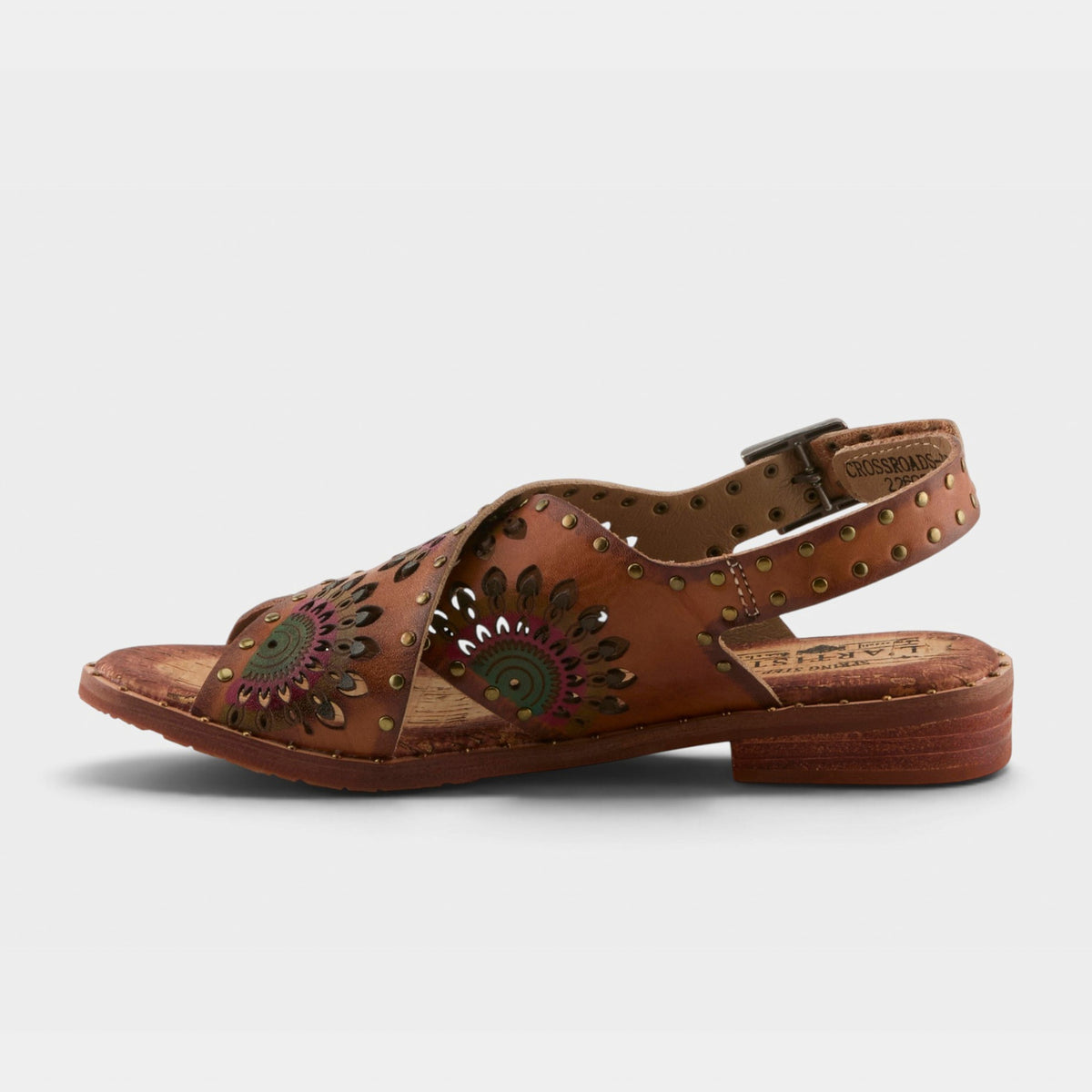 L'Artiste Crossroads women's leather sandal with floral cutout detail and slingback strap