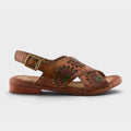 L'Artiste Crossroads women's leather sandal with floral laser-cut detail and ankle buckle strap